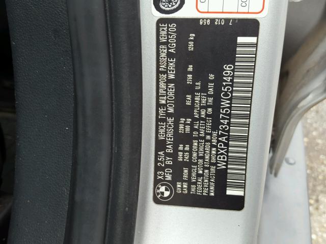 WBXPA73475WC51496 - 2005 BMW X3 2.5I SILVER photo 10