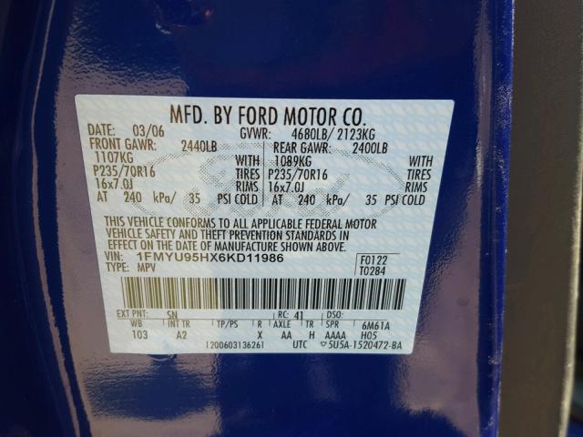 1FMYU95HX6KD11986 - 2006 FORD ESCAPE HEV BLUE photo 10