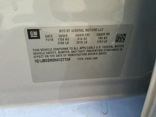 1G1JB5SH0H4127794 - 2017 CHEVROLET SONIC LS 银色 照片 10