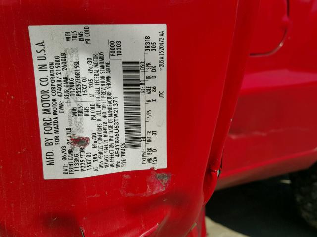 4F4YR46U63TM21371 - 2003 MAZDA B3000 CAB RED photo 10