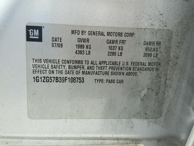 1G1ZG57B39F108753 - 2009 CHEVROLET MALIBU LS 银色 照片 10