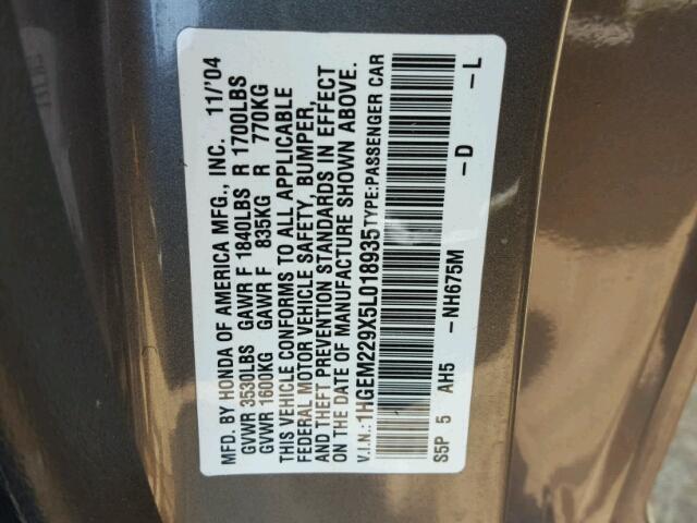 1HGEM229X5L018935 - 2005 HONDA CIVIC EX Boz foto 10