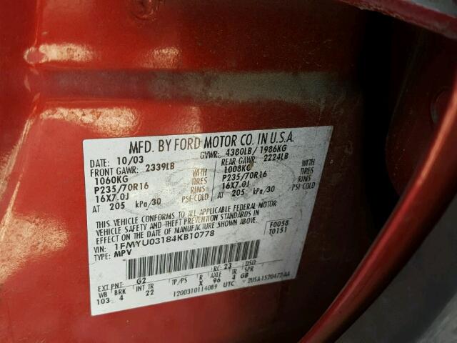 1FMYU03184KB10778 - 2004 FORD ESCAPE XLT RED photo 10