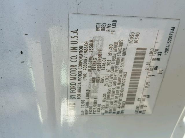 4F4YR12DX4TM07463 - 2004 MAZDA B2300 WHITE photo 10