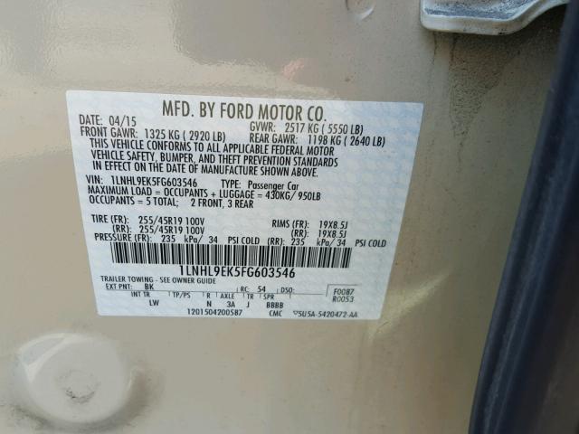 1LNHL9EK5FG603546 - 2015 LINCOLN MKS WHITE photo 10