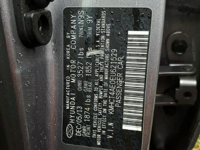 KMHCT4AE0EU621529 - 2014 HYUNDAI ACCENT GLS GRAY photo 10