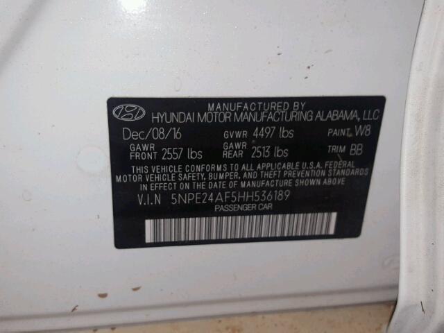 5NPE24AF5HH536189 - 2017 HYUNDAI SONATA SE WHITE photo 10