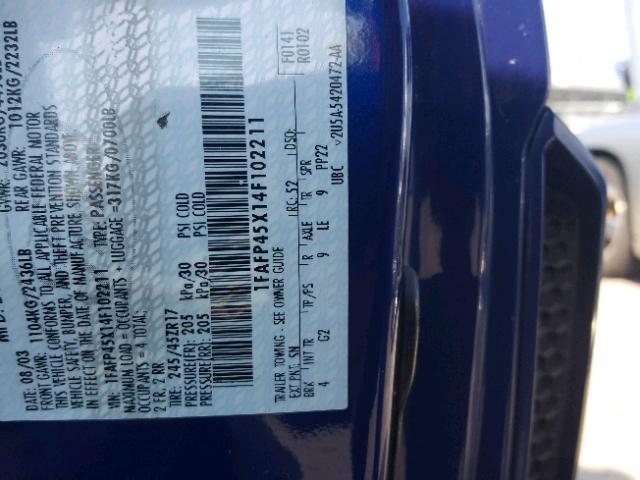 1FAFP45X14F102211 - 2004 FORD MUSTANG BLUE photo 10