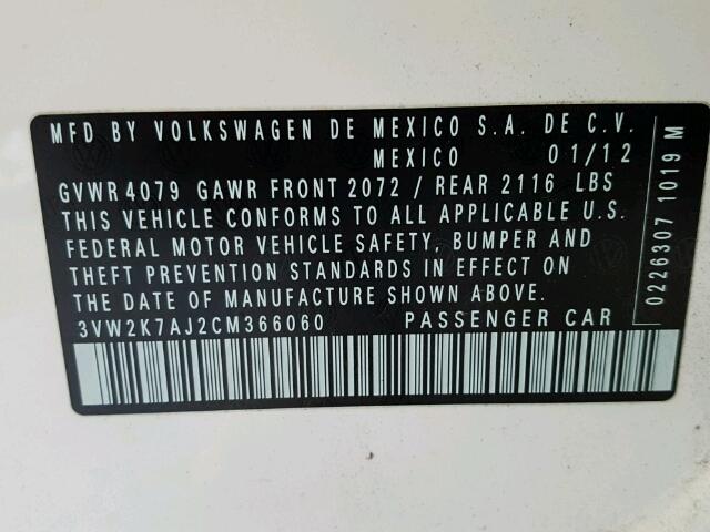 3VW2K7AJ2CM366060 - 2012 VOLKSWAGEN JETTA BASE 白色 照片 10