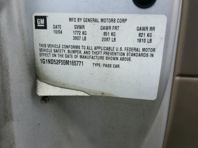1G1ND52F55M165771 - 2005 CHEVROLET CLASSIC SILVER photo 10