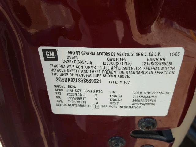 3G5DA03L86S569921 - 2006 BUICK RENDEZVOUS MAROON photo 10