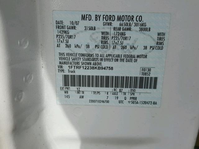 1FTRF12238KB94758 - 2008 FORD F150 WHITE photo 10