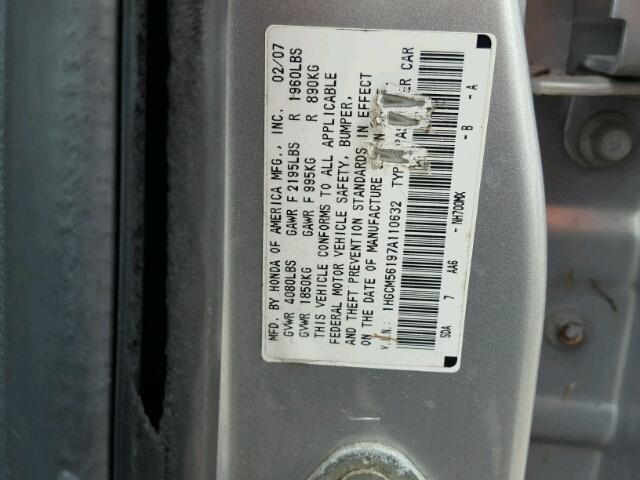 1HGCM56197A110632 - 2007 HONDA ACCORD VAL SILVER photo 10