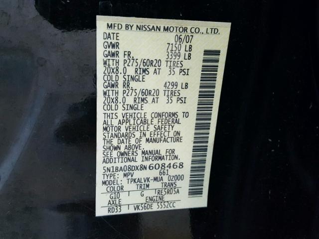 5N1BA08DX8N608468 - 2008 NISSAN ARMADA SE BLACK photo 10