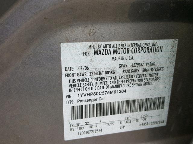 1YVHP80C575M01204 - 2007 MAZDA MX-6 CHARCOAL photo 10