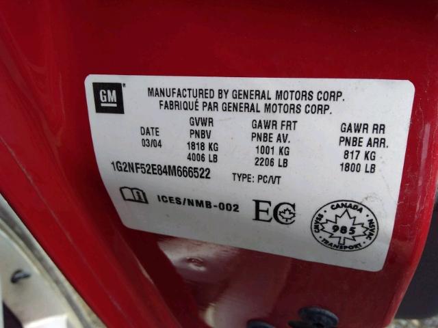 1G2NF52E84M666522 - 2004 PONTIAC GRAND AM S 红色 照片 9