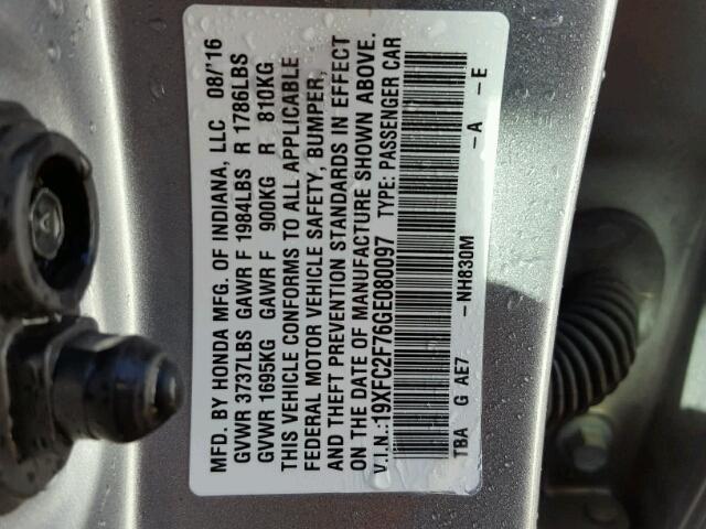 19XFC2F76GE080097 - 2016 HONDA CIVIC EX ვერცხლისფერი ფოტო 10