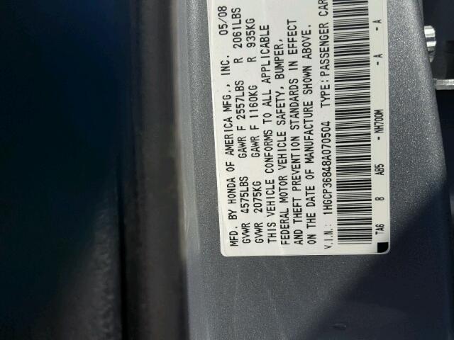 1HGCP36848A070504 - 2008 HONDA ACCORD EXL SILVER photo 10