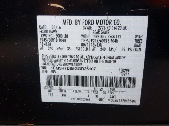 1FM5K7D85GGD26107 - 2016 FORD EXPLORER X BLACK photo 10