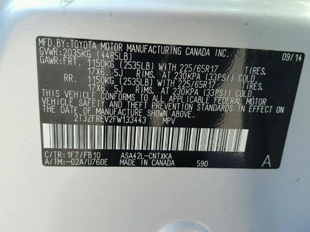 2T3ZFREV2FW133443 - 2015 TOYOTA RAV4 LE Gümüş foto 10