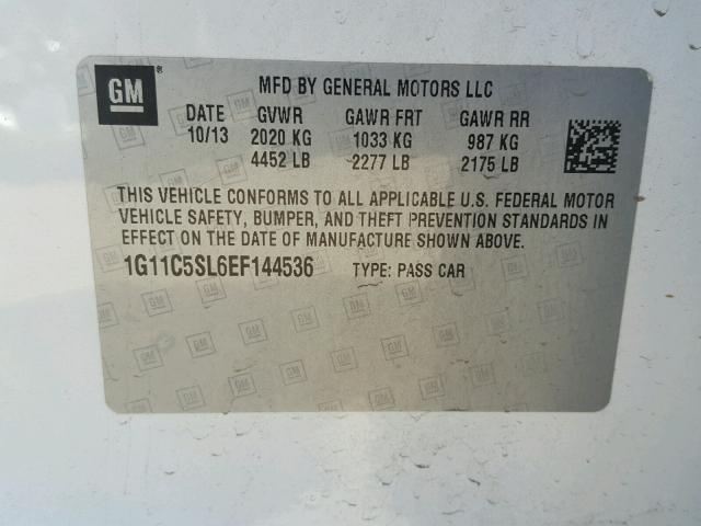 1G11C5SL6EF144536 - 2014 CHEVROLET MALIBU 1LT 白色 照片 10