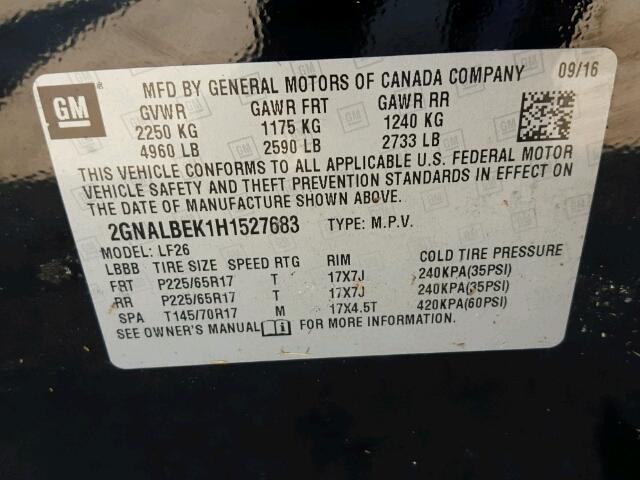 2GNALBEK1H1527683 - 2017 CHEVROLET EQUINOX BLACK photo 10