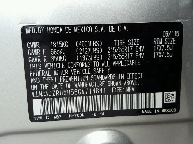 3CZRU5H56GM714841 - 2016 HONDA HR-V EX SILVER photo 10