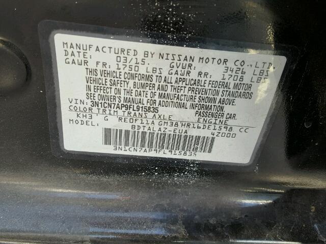 3N1CN7AP9FL915835 - 2015 NISSAN VERSA S BLACK photo 10