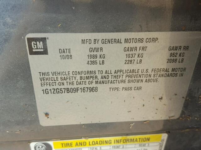 1G1ZG57B09F167968 - 2009 CHEVROLET MALIBU GRAY photo 10