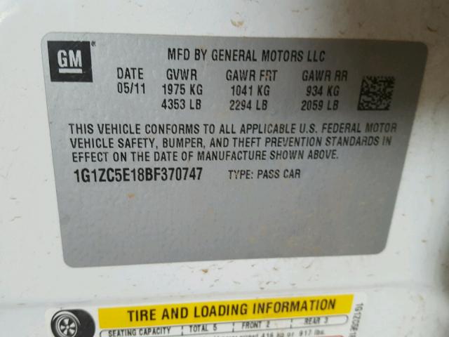 1G1ZC5E18BF370747 - 2011 CHEVROLET MALIBU 1LT 白色 照片 10