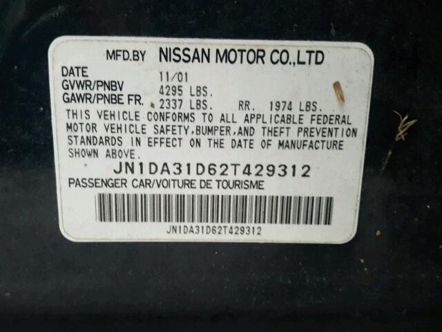 JN1DA31D62T429312 - 2002 NISSAN MAXIMA BLUE photo 10