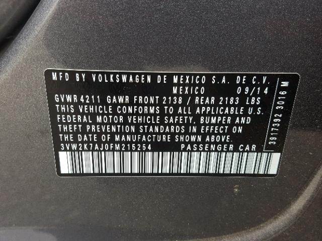 3VW2K7AJ0FM215254 - 2015 VOLKSWAGEN JETTA BASE 灰色 照片 10