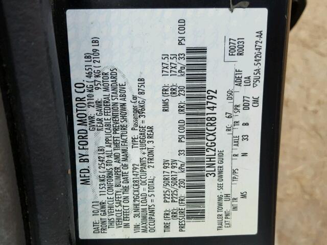 3LNHL2GCXCR814792 - 2012 LINCOLN MKZ შავი ფოტო 10