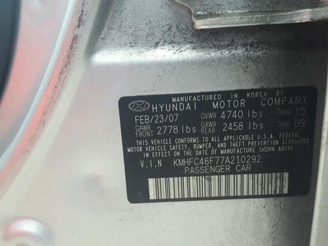 KMHFC46F77A210292 - 2007 HYUNDAI AZERA SE SILVER photo 10