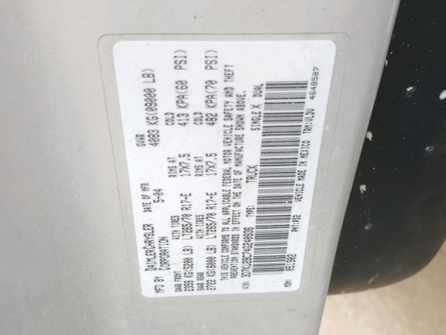 3D7KU28C74G240936 - 2004 DODGE RAM 2500 S SILVER photo 10