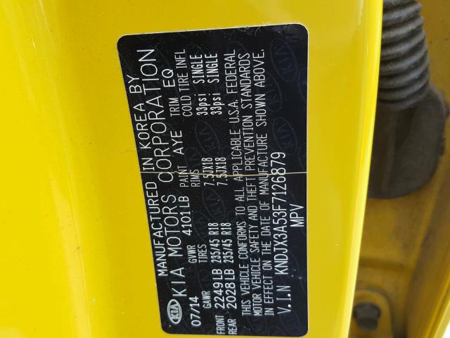 KNDJX3A53F7126879 - 2015 KIA SOUL ! YELLOW photo 10