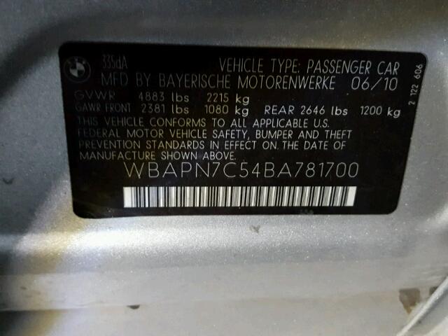 WBAPN7C54BA781700 - 2011 BMW 335 SILVER photo 10