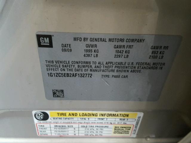 1G1ZC5EB2AF132772 - 2010 CHEVROLET MALIBU 1LT BEIGE photo 10