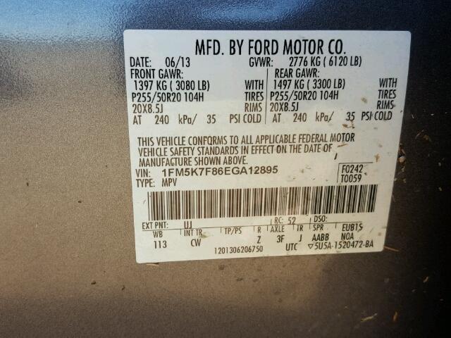 1FM5K7F86EGA12895 - 2014 FORD EXPLORER L GRAY photo 10