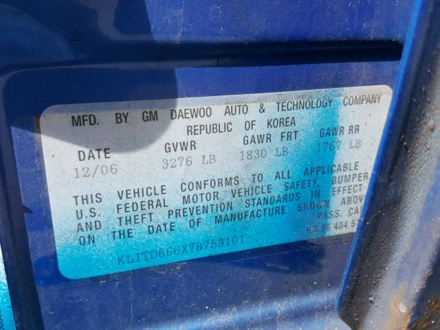 KL1TD666X7B759101 - 2007 CHEVROLET AVEO BASE Կապույտ լուսանկար 10