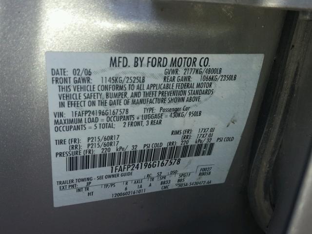 1FAFP24196G167578 - 2006 FORD FIVE HUNDR SILVER photo 10