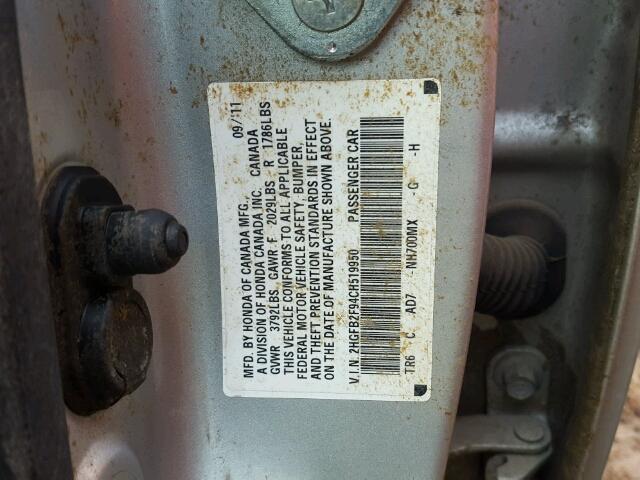 2HGFB2F94CH519950 - 2012 HONDA CIVIC EXL Күміс фото 10