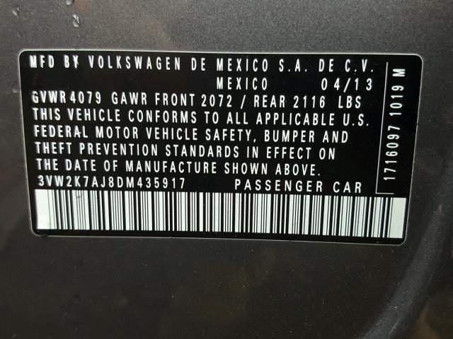 3VW2K7AJ8DM435917 - 2013 VOLKSWAGEN JETTA BASE 灰色 照片 10