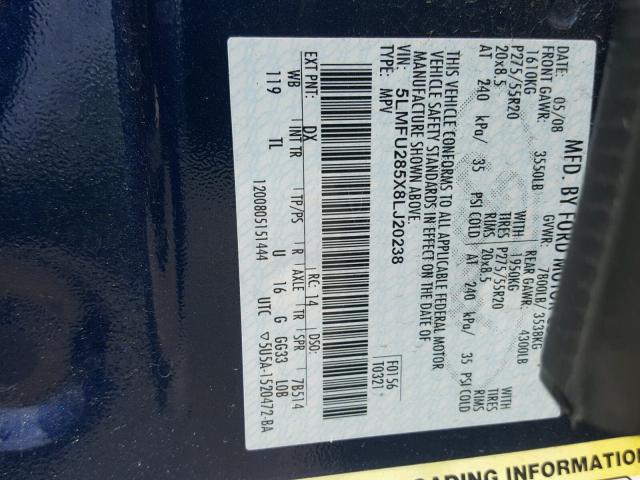 5LMFU285X8LJ20238 - 2008 LINCOLN NAVIGATOR BLUE photo 10