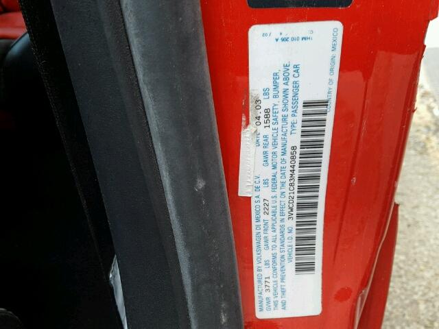 3VWCD21C83M440858 - 2003 VOLKSWAGEN NEW BEETLE 红色 照片 10