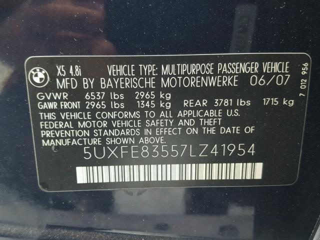 5UXFE83557LZ41954 - 2007 BMW X5 4.8I BLUE photo 10