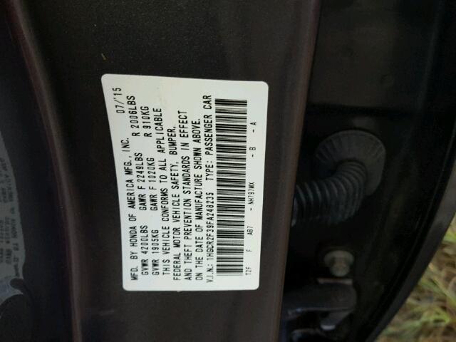 1HGCR2F39FA248235 - 2015 HONDA ACCORD LX GRAY photo 10