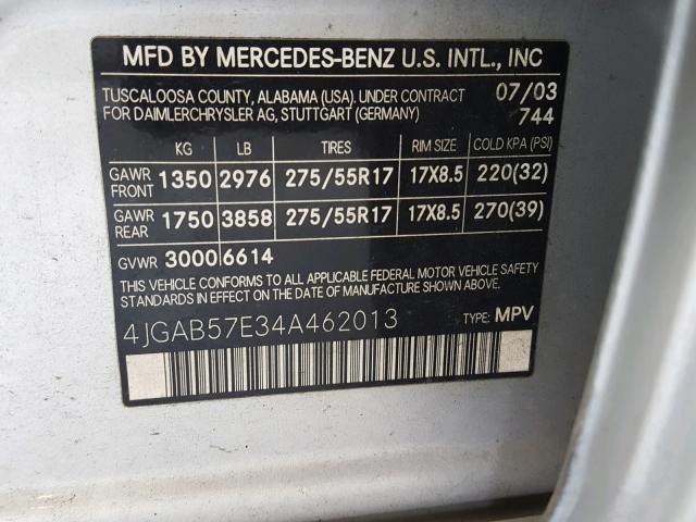 4JGAB57E34A462013 - 2004 MERCEDES-BENZ ML 350 GRAY photo 10