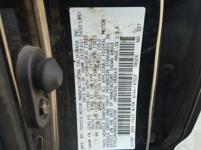 5TELU42N66Z292196 - 2006 TOYOTA TACOMA DOU შავი ფოტო 10