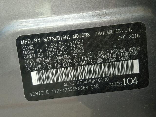 ML32F4FJ4HHF18100 - 2017 MITSUBISHI MIRAGE G4 GRAY photo 10